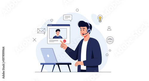 Customer service agent on video call, online support, remote work, business communication