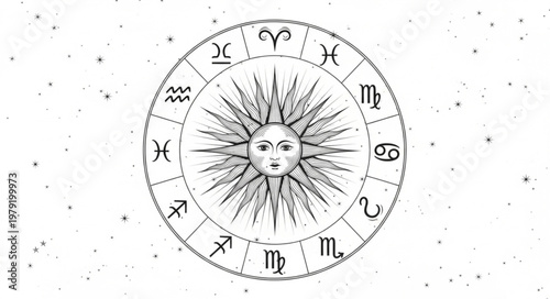 Astrology Zodiac Wheel with Sun Face Illustration.