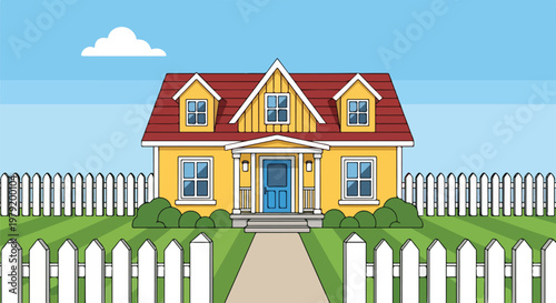 Yellow house with white picket fence.