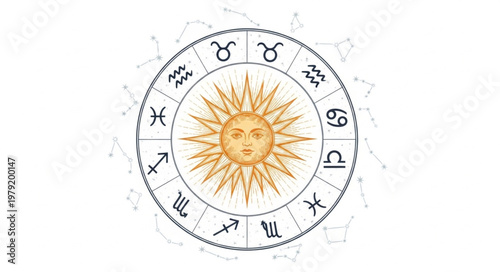 Astrology Zodiac Wheel with Sun Face.