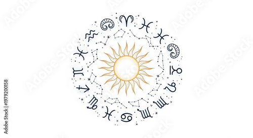 Astrology Zodiac Wheel With Sun Illustration.