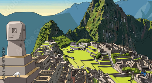 Inca Ruins Machu Picchu, Peru - Stylized Illustration of Ancient City