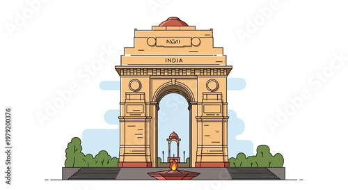 India Gate Monument Landmark - Delhi, India - Vector Illustration
