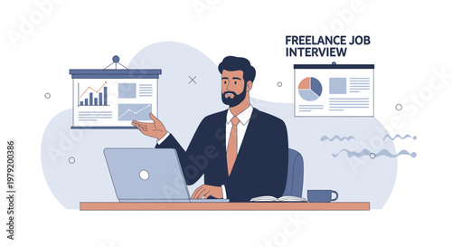 Freelance Job Interview: Man Presenting Charts on Screen with Laptop