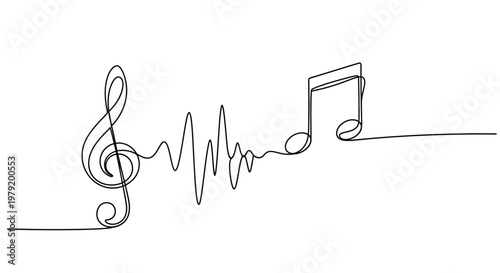 Single line drawing of music notes and sound wave for a melody or rhythm