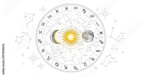 Astrology Zodiac Wheel with Sun Moon and Stars.