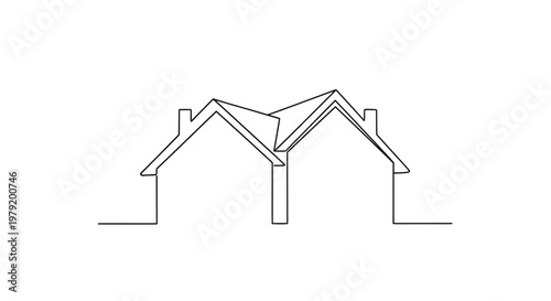 Minimalist continuous line drawing of two adjoining houses with pointed roofs.