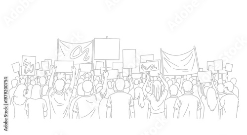 Protestors holding signs and banners, drawn in a continuous line style.