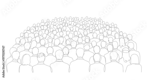 Continuous line drawing of a large crowd of people viewed from behind.