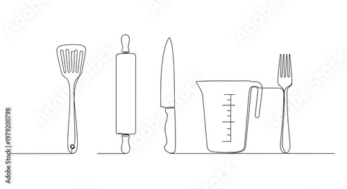 Minimalist line art of kitchen utensils spatula, rolling pin, knife, jug, fork.