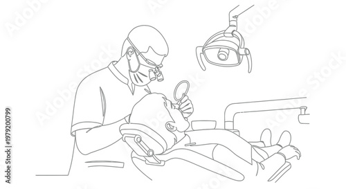 Dentist examining patient's teeth with mirror and light in dental chair.