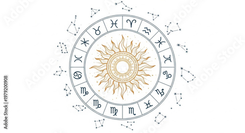 Astrology Zodiac Wheel with Sun Symbol and Celestial Icons.