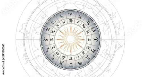 Astrology Zodiac Wheel with Sun Symbol and Celestial Symbols.