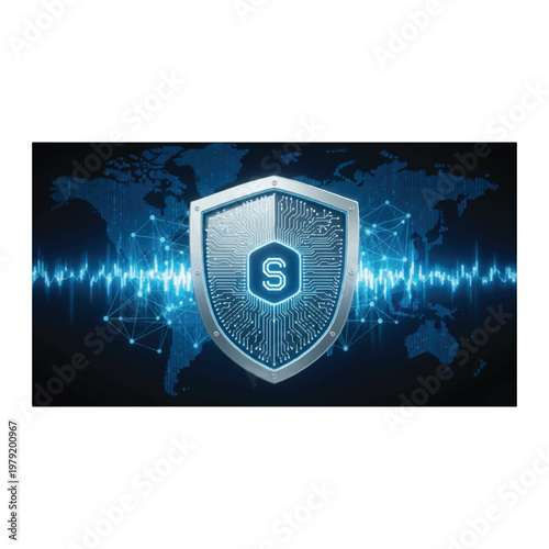 Advanced cybersecurity shield protecting networks, detecting threats, preventing breaches, ensuring data integrity
