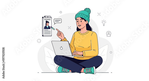 Young woman working on laptop, pointing at resume on clipboard, remote work concept