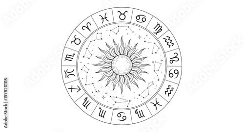 Astrology Zodiac Wheel with Sun Symbol in Center.