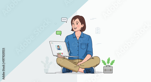 Young woman with laptop, video call, working remotely, sitting cross-legged, modern illustration
