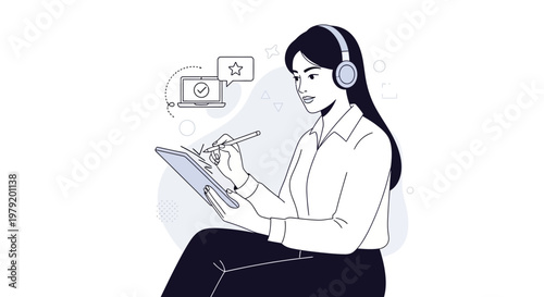 Young woman with headphones working on tablet, online learning, remote work, digital art concept