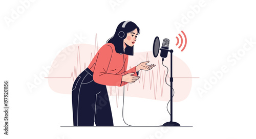 Young woman with headphones recording voice in microphone, sound waves background
