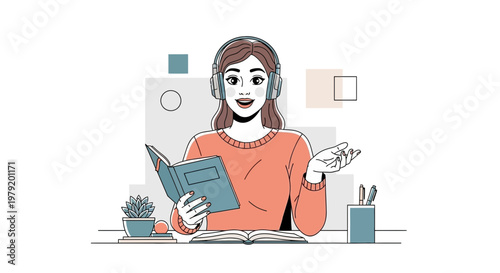 Young Woman with Headphones Reading Book and Talking Online