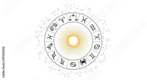 Astrology Zodiac Wheel with Sun Symbol in Center.