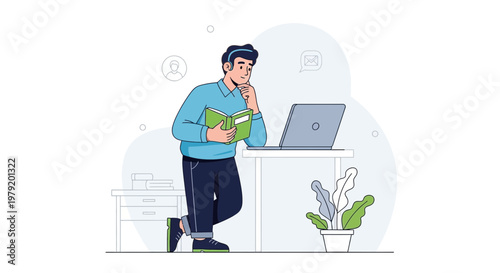 Young man reading a book next to a laptop, studying or working remotely