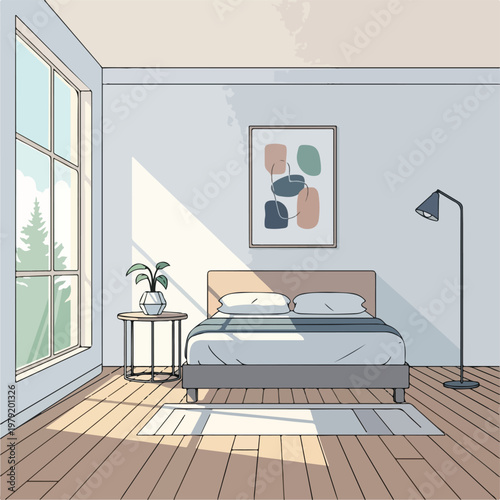 Minimalist Bedroom with Bed and Floor Lamp.