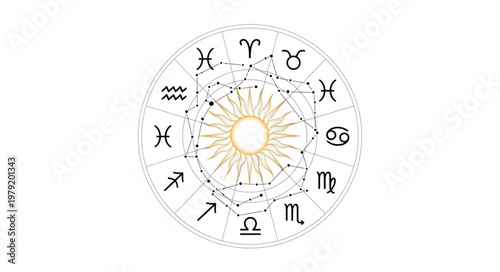 Astrology Zodiac Wheel with Sun Symbol in Center.