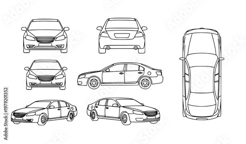 Set of six sedan car line drawings showing multiple views front side rear top and perspective angles in minimal outline style
