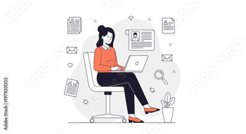 Woman working on laptop, surrounded by documents and icons, remote work concept