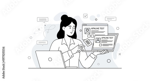 Woman working on online test with laptops and computer screen, digital education concept