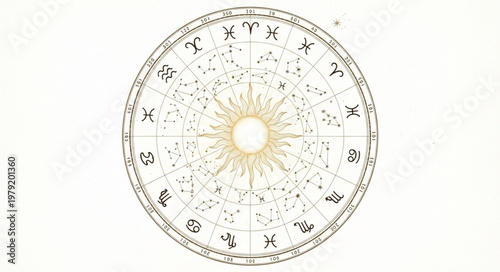 Astrology Zodiac Wheel With Sun Symbol In Center.