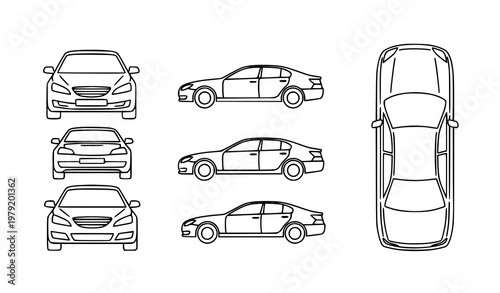 Automotive sedan line icon set with six views front rear side top and angled perspective in minimal vector style