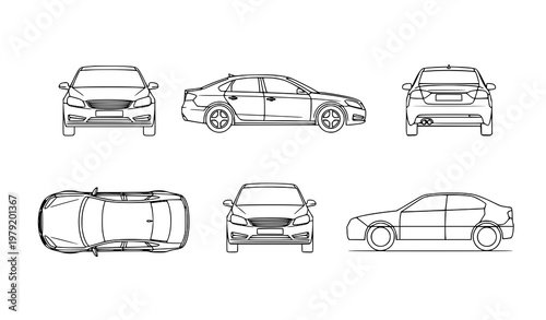 Minimal sedan car sketch set with six viewpoints including front rear side and top angles in clean technical line art style