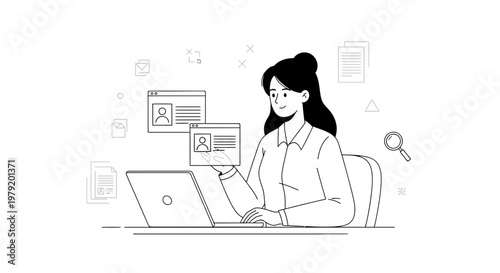 Woman working on laptop, reviewing profiles online, digital recruitment concept