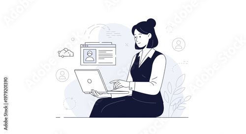 Woman working on laptop, online profile and car icon, business concept illustration