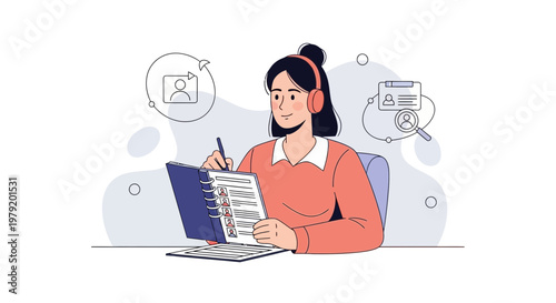 Woman with headphones writing in notebook, checklist, HR, recruitment, online learning, remote work