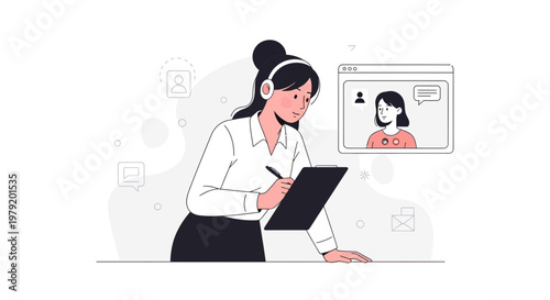 Woman with headset taking notes during online meeting, remote work concept