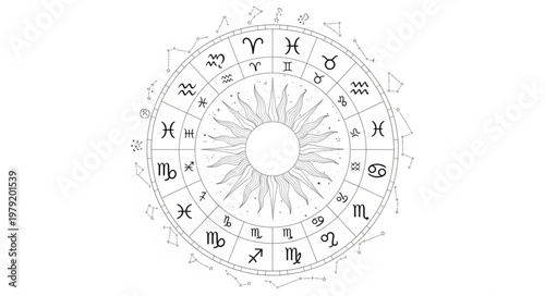 Astrology Zodiac Wheel with Symbols and Signs.