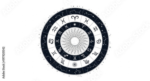 Astrology Zodiac Wheel with Symbols and Ornate Center.