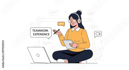 Woman with headphones working remotely, teamwork experience, online communication
