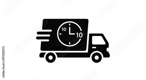 Black silhouette of a delivery truck with a clock showing ten o clock
