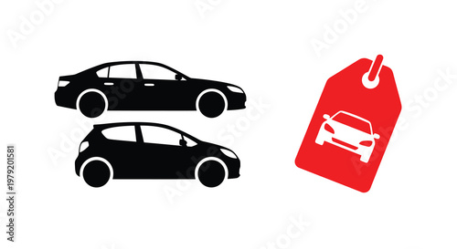 Black silhouettes of sedan and hatchback cars next to a red price tag