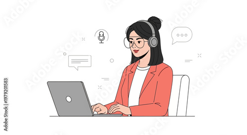 Woman with headphones working on laptop, online communication, remote work, digital nomad concept