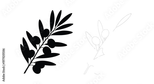 Olive branch silhouettes a solid black and a light outline version