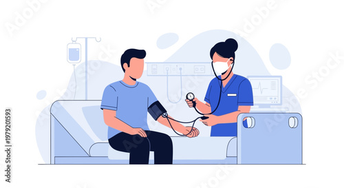 Doctor measuring patient's blood pressure in clinic, medical check-up concept