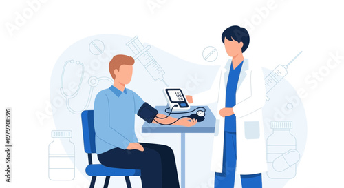 Doctor measuring patient's blood pressure, healthcare checkup, medical examination, doctor's office