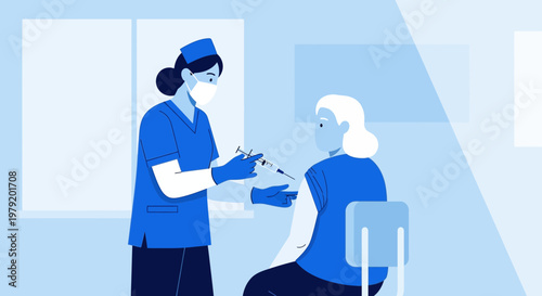 Nurse administering vaccine injection to elderly woman in clinic, healthcare concept