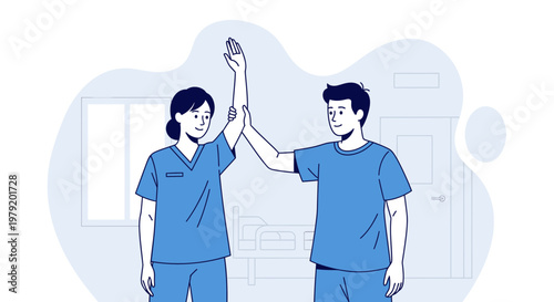 Nurse and patient giving high five in hospital room, rehabilitation and recovery concept