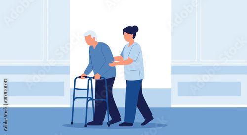 Nurse assisting elderly man with walker in rehabilitation center, promoting recovery and care